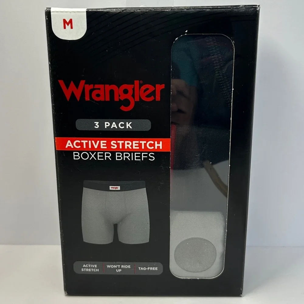 Wrangler Mens Active Stretch Boxer Briefs 3 Pack Black Red Grey Size Medium New